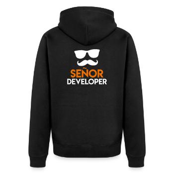 Senor Developer Programmierer Entwickler Nerd - Unisex Premium Bio Zip Hoodie - Schwarz - Hinten - Nico (187cm)