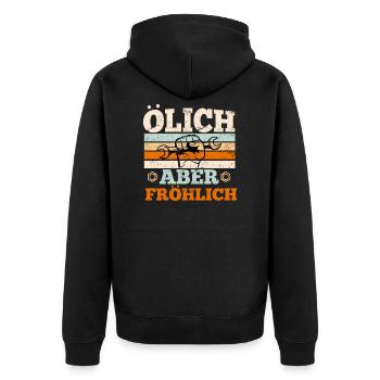 Werkstatt Öl Ölich aber fröhlich Schmierfett - Unisex Premium Bio Zip Hoodie - Schwarz - Hinten - Nico (187cm)