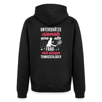 Tennis Damen Geschenk alte Frau mit Tennisschläger - Unisex Premium Bio Zip Hoodie - Schwarz - Hinten - Nico (187cm)