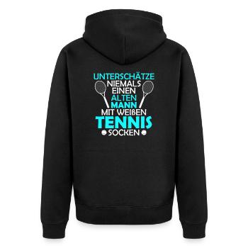 Alter Mann mit Tennissocken Tennis Tennisspieler - Unisex Premium Bio Zip Hoodie - Schwarz - Hinten - Nico (187cm)