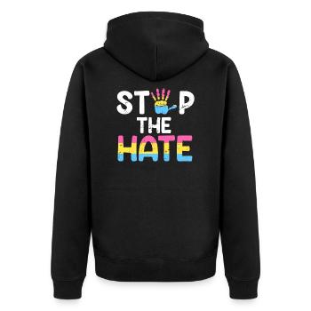 Pansexuell Spruch Stop the Hate Pansexualität - Unisex Premium Bio Zip Hoodie - Schwarz - Hinten - Nico (187cm)
