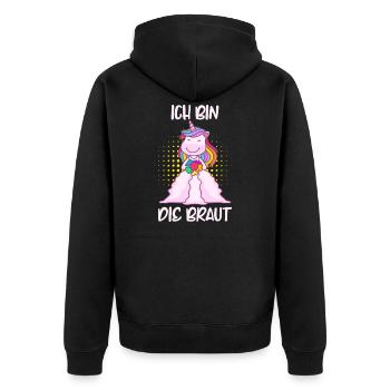 JGA Spruch ich bin die Braut Einhorn Polterabend - Unisex Premium Bio Zip Hoodie - Schwarz - Hinten - Nico (187cm)