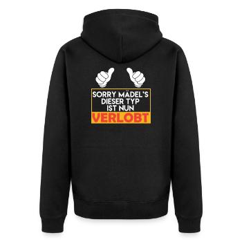 JGA Spruch Verlobung - Unisex Premium Bio Zip Hoodie - Schwarz - Hinten - Nico (187cm)