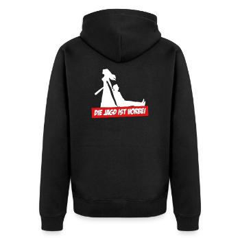 Lustiger Spruch zur Verlobung die Jagd ist vorbei - Unisex Premium Bio Zip Hoodie - Schwarz - Hinten - Nico (187cm)
