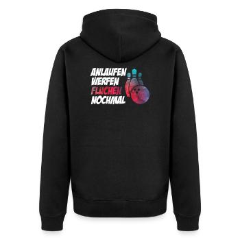 Lustiger Bowling Spruch Anlaufen Werfen - Unisex Premium Bio Zip Hoodie - Schwarz - Hinten - Nico (187cm)