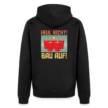 Bierpong Spruch Heul nicht bau auf! Trinkspiel - Unisex Premium Bio Zip Hoodie - Schwarz - Hinten - Nico (187cm)