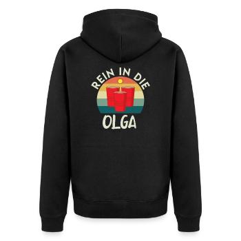 Studenten Party Spruch Bierpong Rein die Olga - Unisex Premium Bio Zip Hoodie - Schwarz - Hinten - Nico (187cm)