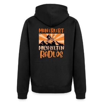 Mountainbike Geschenk MTB Spruch selten radlos - Unisex Premium Bio Zip Hoodie - Schwarz - Hinten - Nico (187cm)