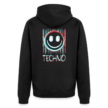 Techno Musik Gesicht Schallplatte DJ Smile EDM - Unisex Premium Bio Zip Hoodie - Schwarz - Hinten - Nico (187cm)