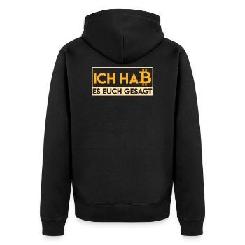 Bitcoin Spruch Ich hab es euch ja gesagt Krypto - Unisex Premium Bio Zip Hoodie - Schwarz - Hinten - Nico (187cm)