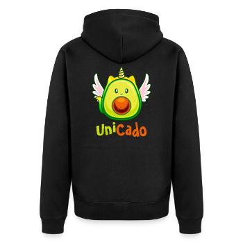Unicado lustiges Einhorn Avocado Design Veganer - Unisex Premium Bio Zip Hoodie - Schwarz - Hinten - Nico (187cm)