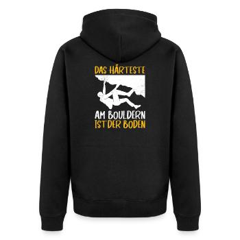 Boulder Spruch Härteste am Bouldern ist der Boden - Unisex Premium Bio Zip Hoodie - Schwarz - Hinten - Nico (187cm)