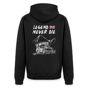 Landy Legend Never Die - Unisex Premium Bio Zip Hoodie - Schwarz - Hinten - Nico (187cm)