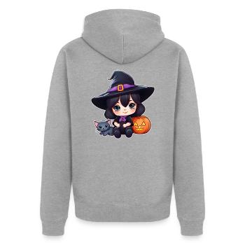 Niedliche Hexe mit schwarzer Katze und Kürbis - Unisex Premium Bio Zip Hoodie - Grau meliert - Hinten - Nico (187cm)