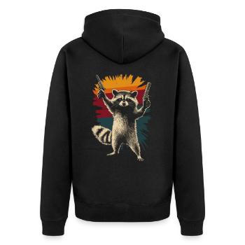 Frecher Waschbär mit 2 Pistolen - Unisex Premium Bio Zip Hoodie - Schwarz - Hinten - Nico (187cm)