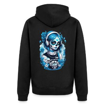 Sugar Skull Girl with Headphones and Blue Roses - Unisex Premium Organic Zip Hoodie - black - Back - Nico (187cm)