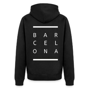Entdecken Sie die Essenz des städtischen Designs - Unisex Premium Bio Zip Hoodie - Schwarz - Hinten - Nico (187cm)