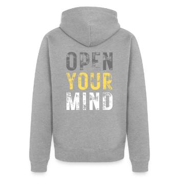 OUVREZ VOTRE – couleur grise, jaune, blanc - Veste à capuche bio Premium Unisexe - gris chiné - Dos - Nico (187cm)
