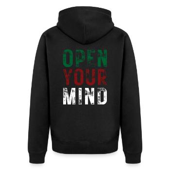 OPEN YOUR MIND – Farbe Grün, Rot, Weiß - Unisex Premium Bio Zip Hoodie - Schwarz - Hinten - Nico (187cm)