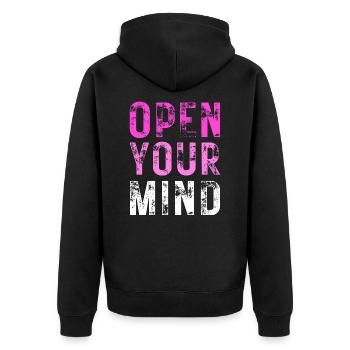 OPEN YOUR MIND – Farbe Lila, Rosa, Weiß - Unisex Premium Bio Zip Hoodie - Schwarz - Hinten - Nico (187cm)
