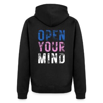 OPEN YOUR MIND – Farbe Blau, Rosa, Weiß - Unisex Premium Bio Zip Hoodie - Schwarz - Hinten - Nico (187cm)