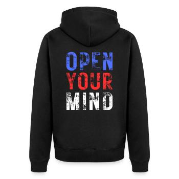 OPEN YOUR MIND – Farbe Blau, Rot, Weiß - Unisex Premium Bio Zip Hoodie - Schwarz - Hinten - Nico (187cm)