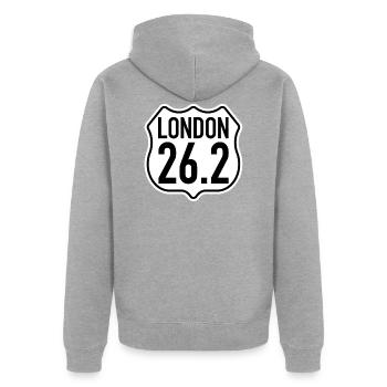 Londres 26,2 milles | Marathoniens marathoniens courant - Veste à capuche bio Premium Unisexe - gris chiné - Dos - Nico (187cm)