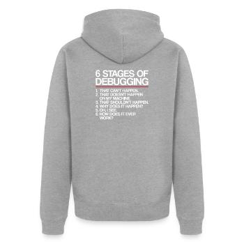 6 étapes de débogage | Programmeur, informatique - Veste à capuche bio Premium Unisexe - gris chiné - Dos - Nico (187cm)