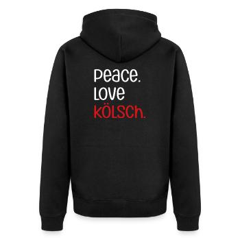 Peace Love Kölsch | Köln, Kölscher Karneval, Bier - Unisex Premium Bio Zip Hoodie - Schwarz - Hinten - Nico (187cm)