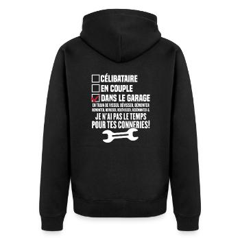 Celibataire en couple dans le garage - Veste à capuche bio Premium Unisexe - noir - Dos - Nico (187cm)