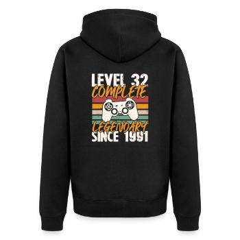 Geburtstagsgeschenk, Level 32 Complete 1991 - Unisex Premium Bio Zip Hoodie - Schwarz - Hinten - Nico (187cm)