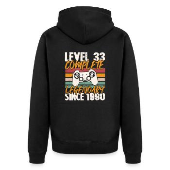 Geburtstagsgeschenk, Level 33 Complete 1990 - Unisex Premium Bio Zip Hoodie - Schwarz - Hinten - Nico (187cm)