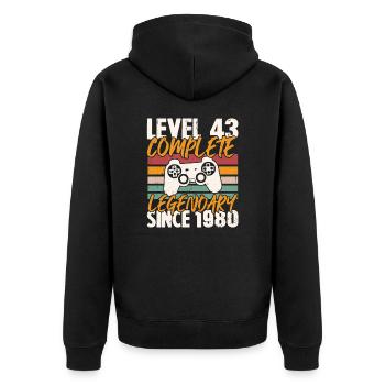 Geburtstagsgeschenk, Level 43 Complete 1980 - Unisex Premium Bio Zip Hoodie - Schwarz - Hinten - Nico (187cm)