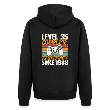 Geburtstagsgeschenk, Level 35 Complete 1988 - Unisex Premium Bio Zip Hoodie - Schwarz - Hinten - Nico (187cm)