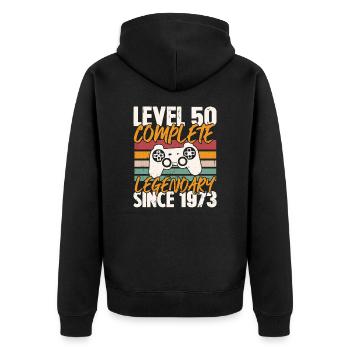 Geburtstagsgeschenk, Level 50 Complete 1973 - Unisex Premium Bio Zip Hoodie - Schwarz - Hinten - Nico (187cm)
