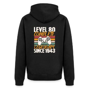 Geburtstagsgeschenk, Level 80 Complete 1943 - Unisex Premium Bio Zip Hoodie - Schwarz - Hinten - Nico (187cm)