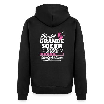 Bientôt grande soeur 2026 - Veste à capuche bio Premium Unisexe - noir - Dos - Nico (187cm)
