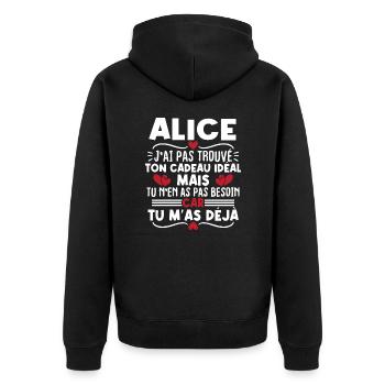 Alice j'ai pas trouvé ton cadeau idéal... - Veste à capuche bio Premium Unisexe - noir - Dos - Nico (187cm)