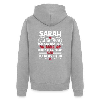 Sarah j'ai pas trouvé ton cadeau idéal... - Veste à capuche bio Premium Unisexe - gris chiné - Dos - Nico (187cm)