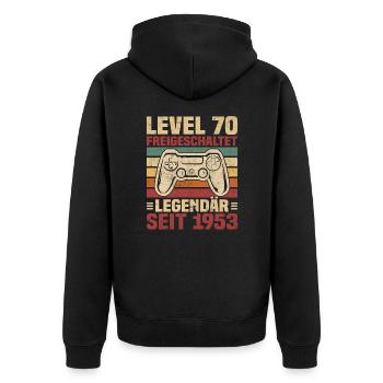 Level 70 freigeschaltet legendär seit 1953 - Unisex Premium Bio Zip Hoodie - Schwarz - Hinten - Nico (187cm)