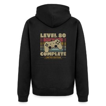Stufe 80 abgeschlossen - Unisex Premium Bio Zip Hoodie - Schwarz - Hinten - Nico (187cm)
