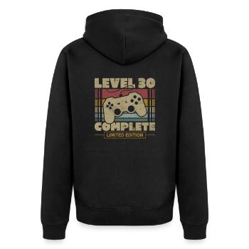 Level 30 abgeschlossen - Unisex Premium Bio Zip Hoodie - Schwarz - Hinten - Nico (187cm)
