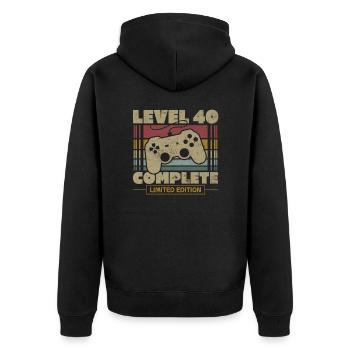 Level 40 abgeschlossen - Unisex Premium Bio Zip Hoodie - Schwarz - Hinten - Nico (187cm)