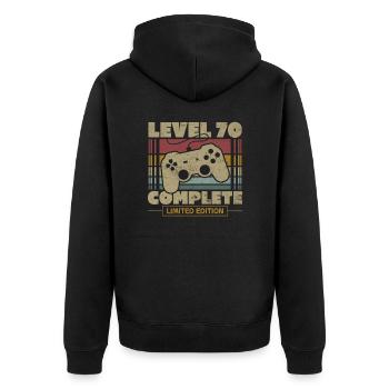 Stufe 70 abgeschlossen - Unisex Premium Bio Zip Hoodie - Schwarz - Hinten - Nico (187cm)