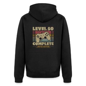 Level 50 abgeschlossen - Unisex Premium Bio Zip Hoodie - Schwarz - Hinten - Nico (187cm)