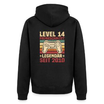 Level 14 freigeschaltet legendär seit 2010 - Unisex Premium Bio Zip Hoodie - Schwarz - Hinten - Nico (187cm)