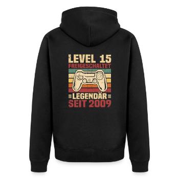 Level 15 freigeschaltet legendär seit 2009 - Unisex Premium Bio Zip Hoodie - Schwarz - Hinten - Nico (187cm)