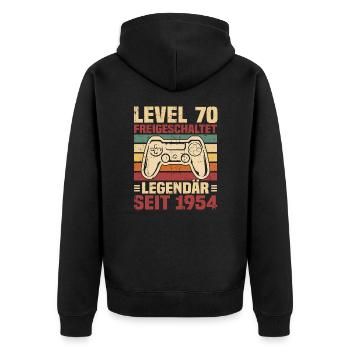 Level 70 freigeschaltet legendär seit 1954 - Unisex Premium Bio Zip Hoodie - Schwarz - Hinten - Nico (187cm)