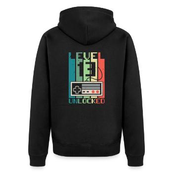 Level 13 freigeschaltet - Unisex Premium Bio Zip Hoodie - Schwarz - Hinten - Nico (187cm)