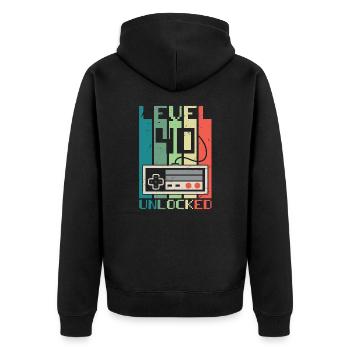 Level 40 freigeschaltet - Unisex Premium Bio Zip Hoodie - Schwarz - Hinten - Nico (187cm)